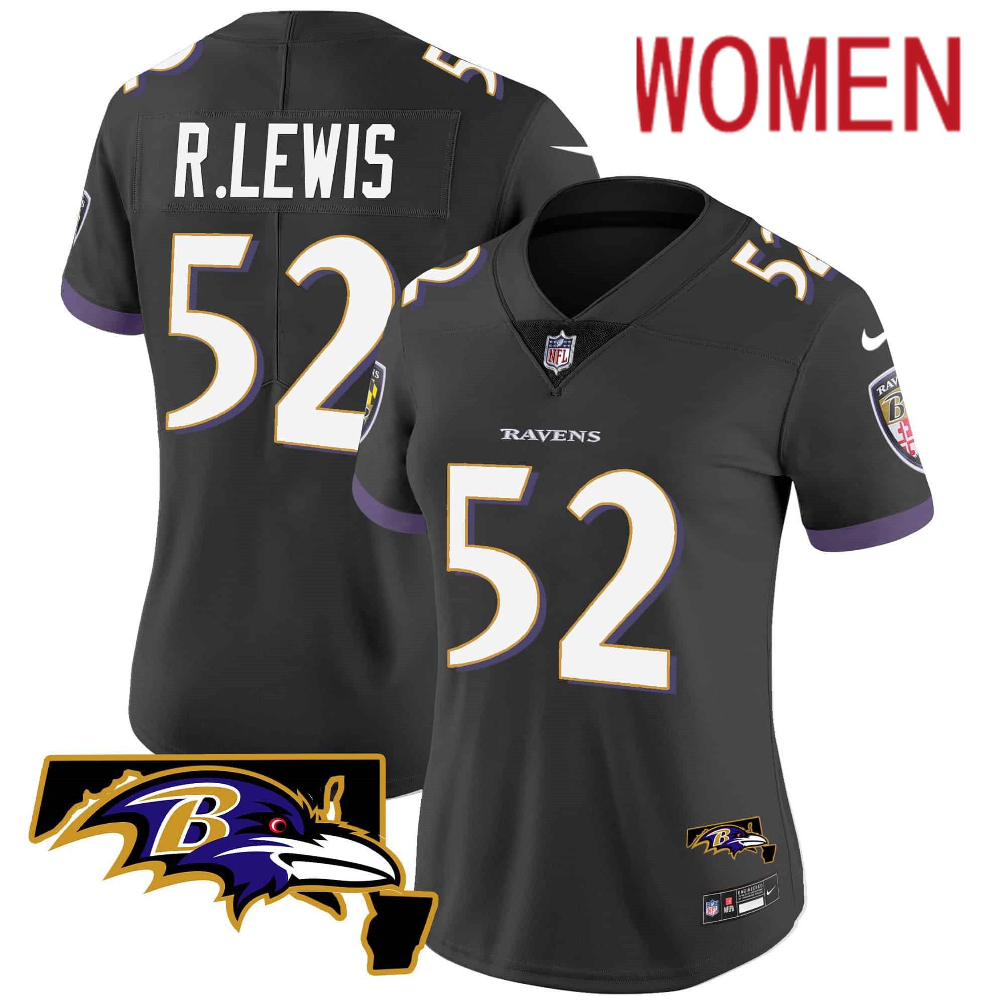 Women Baltimore Ravens #52 R.Lewis Black 2024 Nike Maryland Patch Vapor Limited NFL Jersey style 1